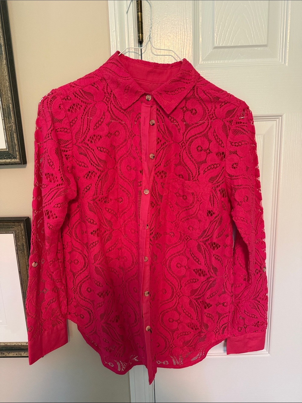 Anthropologie Hot Pink Lace Button-Down Shirt